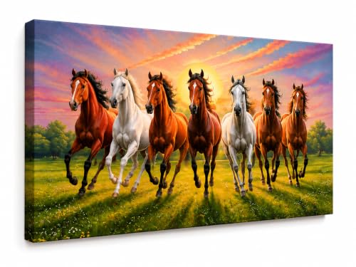Image of 7 Horse Vastu Sunrise Canvas Painting | Positive Energy Wall Decor | Big Size Premium Running Horses Artwork for Home, Office & Hall Decoration (Modern, Brown Horse, 26x18 Inch)
