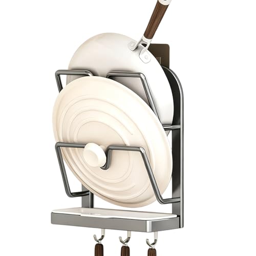 Versatile Pot Lid Holder - Kitchen Organiser Rack, Carbon Steel No-Drill Stand with Tray for Space-Saving Storage of Lids, Mitts, Spoons & More