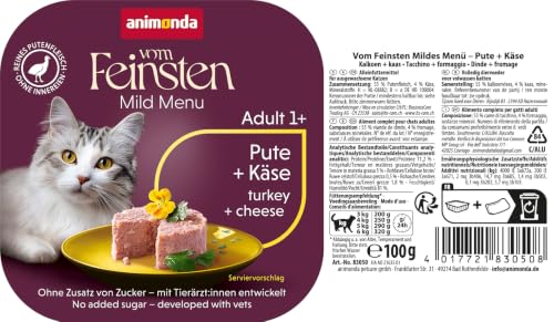animonda Vom Feinsten Adult Mildes Menü Pute + Käse (32 x 100 g), Nassfutter für sensible Katzen, Katzenfutter ohne Getreide und Zucker, leicht verdauliches Futter mit Putenfleisch
