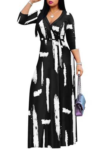 FANDEE Women Print Maxi Dress V Neck 3/4 Sleeve for Women Casual Tie Waist Belted Dresses3