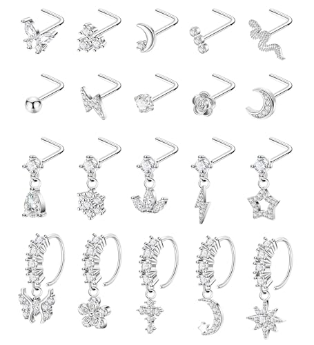 SOMEITIA 20PCS 20G Surgical Steel Dangle Nose Rings for Women L Shaped Nose Studs Dangling Nose Rings Hoops CZ Flower Butterfly Moon Nose Piercing Jewelry Silver