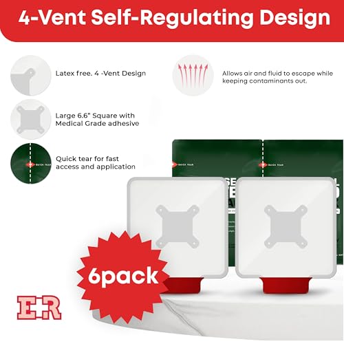 Image of Vented Chest Seal with Quick Tear - 6.6 inch Square Occlusive Adhesive Dressing for Open Chest Wounds - 6-Pack (12-Counts)
