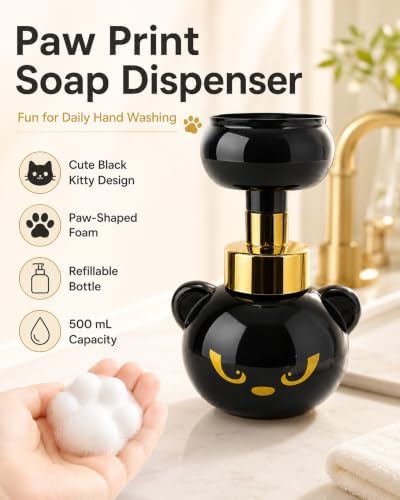 Paw Print Soap Dispenser, Cute Black Kitty Design, Paw-Shaped Foam - 1