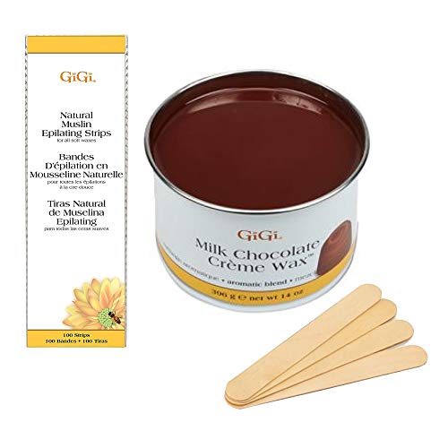 GiGi All Purpose Wax Hair Removal Wax, 14 oz Bundle with GiGi Natural Muslin Epilating Strips and 20 Wax Applicator Sticks (Milk Chocolate Creme)