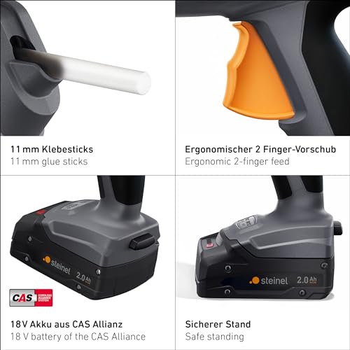 Steinel Akku Heißklebepistole MobileGlue 5011, für Metabo 18V CAS Akku, inkl. 3x Heißklebesticks, in 90 Sek. startklar, bis 90 Min. Dauerbetrieb, kabellos, Dual-Temp-Modus 130°C/200°C, ECO-Mode