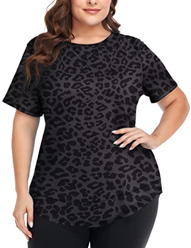 COOTRY Plus Size Women's Workout Top 3XL Gray Leopard