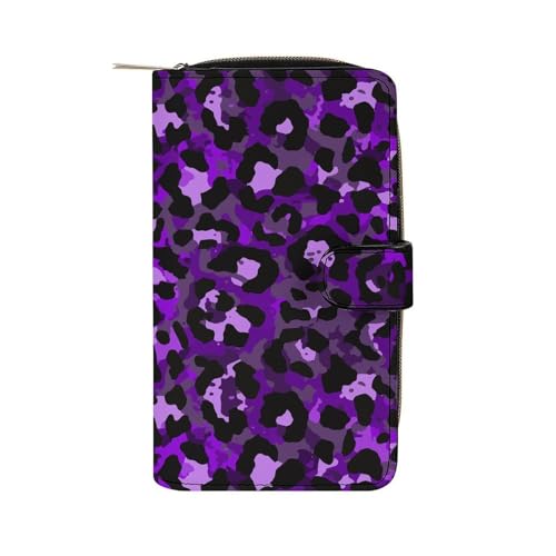 Portefeuille léopard violet en cuir multifonctionnel et grand format