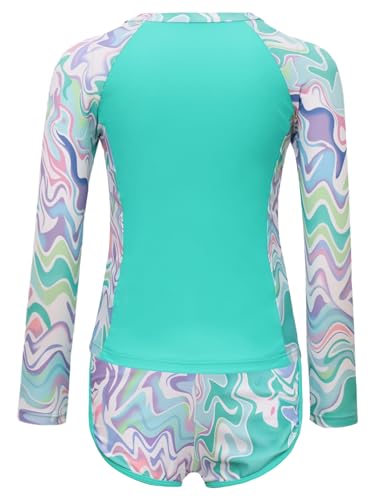 Kids Girls 2Pcs Rash Guard Long Sleeve Zipper Wave Striped Printed Swim Top with Shorts Bathing Suit2