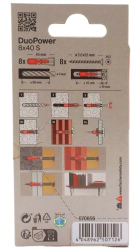 fischer Duopower 8 x 40 mit Schraube – 8U, Wanddübel aus verschiedenen Materialien, geeignet zum Aufhängen von Fahrrädern, Bildern, Schränken, Fernsehhalterungen, Regalen, Möbeln.