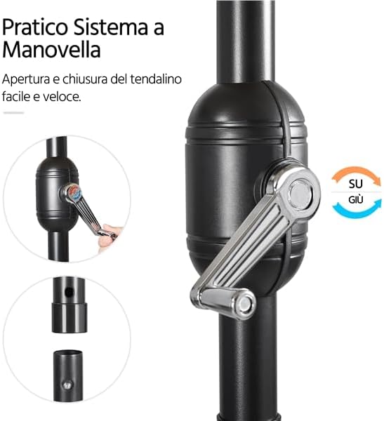 Close-up of the crank handle mechanism on the umbrella pole, with 'SU' (UP) and 'GIÙ' (DOWN) indicators.