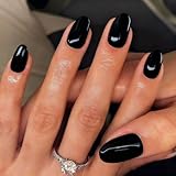 KQueenest Thick Gel Press on Nails Short Oval, Classic All Black Fake Nails for Women Daily Wear, Salon-Like Acrylic Nails Press on Short Almond, Natural Fit Reusable Glue on Nails in 24 Pcs
