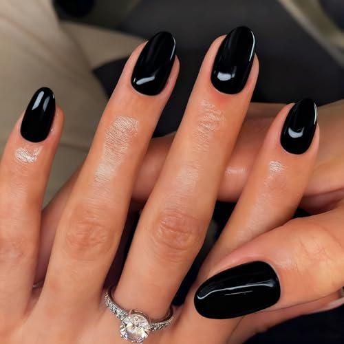 KQueenest Thick Gel Press on Nails Short Oval, Classic All Black Fake Nails for Women Daily Wear, Salon-Like Acrylic Nails Press on Short Almond, Natural Fit Reusable Glue on Nails in 24 Pcs