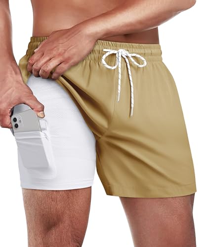 Image of Gleeease 5inch Mens Swim Trunks: 2 in 1 with Compression Liner Lined Soft Stretch Quick Dry Solid Pockets Drawstring Beach