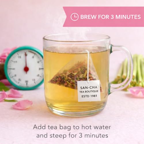 Image of Sancha Tea Boutique Rose & Lemongrass Herbal Infusion | Floral & Citrusy Caffeine-Free Tisane | 15 Biodegradable Pyramid Tea Bags