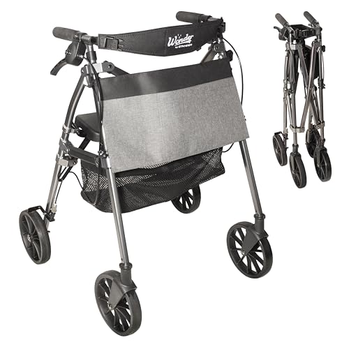 Stander Wonder Rollator Plus with 8-inch All-Terrain Wheels Lightweight Folding Rolling Walker with Seat Locking Brakes and Backrest EZ Fold-N-Go-Rollator for Seniors and Adults Black Walnut