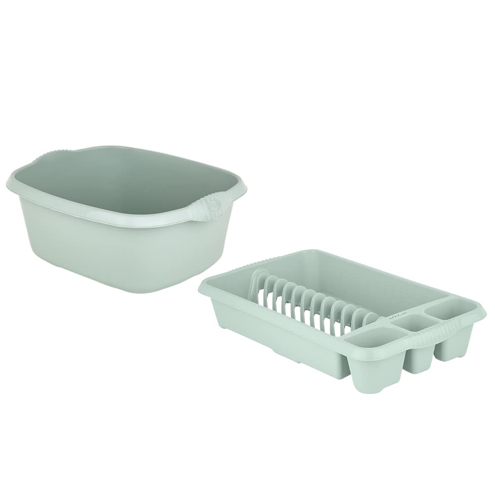 FotoStation Amazing Pack Of 39cm Rectangular Washing Up Bowl With Medium Dish Drainer Plate Rack Draining Board Tray Stand Sink Holder Kitchen Organiser Neat and Tidy Home (Silver Sage)