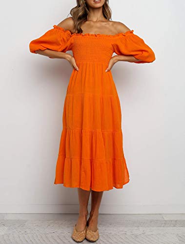 Image of R.Vivimos Women's Summer Cotton Lantern Sleeves Ruffled Off Shoulder A-Line Midi Dresses