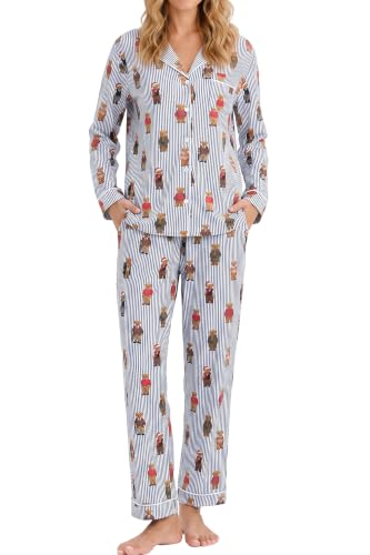 Image of LUBOT Christmas Pajamas for Women 100% Cotton Pajama 2 Piece PJ Set Soft Long Sleeve Button Xmas Print Loungewear XS-XXL
