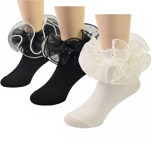 Girls Sequin Lace Ruffle Socks Double Frilly Dress Socks Toddler Turn Cuff Socks 3 Pack