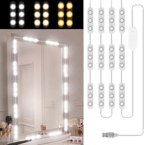 Goodern Led Vanity Mirror Lights Vanity Make Up Light 3 Color 10 Level Brightness Adjustable USB Cable Self Adhesive LED Cosmetic Mirror Lights Strip for Makeup Vanity Table & Dressing Room Bathroom