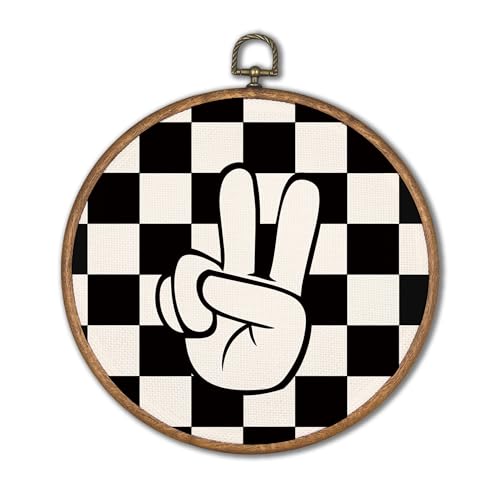KSDUT Retro Classroom Wall Decor Art - Black Checkered Preppy Wall Art Canvas Frame Hanging Prints, Peace Sign Trendy Wall Art Decor for Home Boys Room Dorm Decorations 10