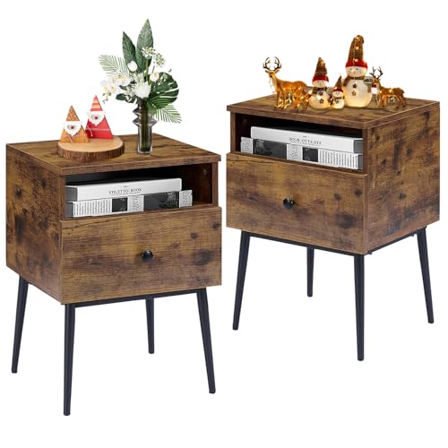Image of VECELO Engineered Wood Modern, Square End Side Table with Drawer and Storage Space for Bedroom and Living Room, Nightstands, Antique Brown,2 Sets