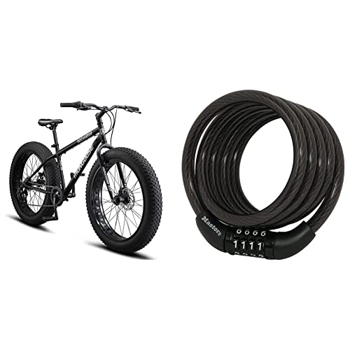 Mongoose Malus Adult Fat Tire Mountain Bike, 26-Inch Wheels, 7-Speed, Twist Shifters, Steel Frame, Mechanical Disc Brakes, Matte Black & Master Lock Bike Lock Cable #TOP11