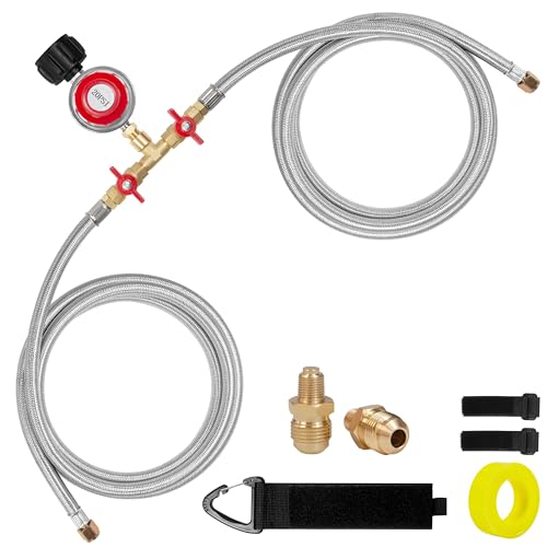 Feirenql 0-20 PSI Adjustable High Pressure Propane Regulator - 8FT Double Stainless Braided Y