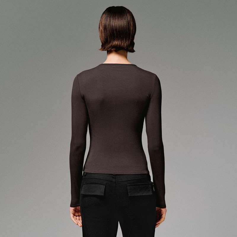 URBAN REVIVO Women's Asymmetrical Neck Knot Front T-Shirts Long Sleeve Shirts Slim Fitted Ruched Trendy Going Out Tops 2026 - Image 8