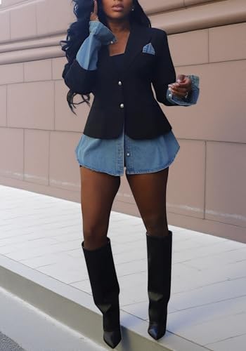Casual Denim Jackets for Women,Long Sleeve Button Patchwork Suit Jacket Lapel Business Blazers2