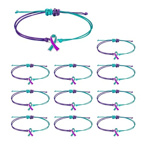 MOSOTECH 10 Pcs Suicide Prevention Awareness Bracelets with Independent Small Package of Each Piece, Adjustable Cord Purple Teal Ribbon Braided Bracelets for Women Men, Charity Campaign Supplies