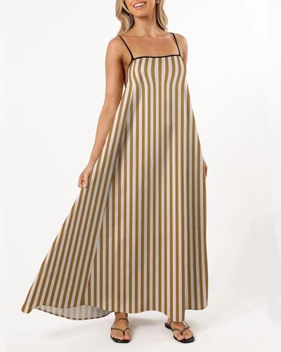 Image of Senllen Women's Linen Dress Summer Loose Flowy Sundress Contrast Spaghetti Strap Sleeveless Backless Beach Maxi Long Dresses