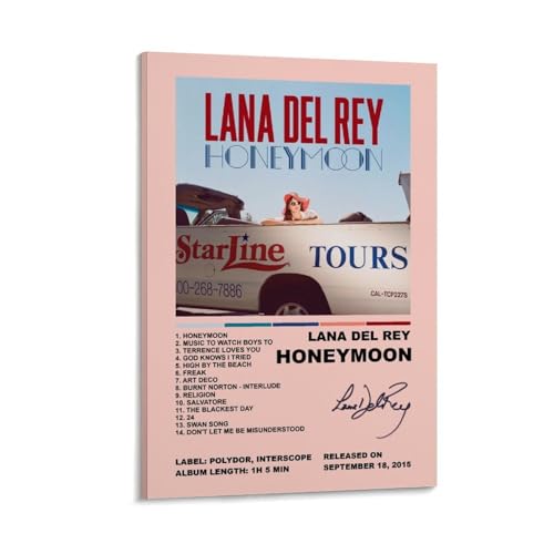 WYYRAB Luna de miel de Lana Del ReyWall Decor Póster de lona impermeable Impresión de alta definición adecuado para dormitorio, sala de estar, cafetería, decoración, estilo marco, 60 x 90 cm