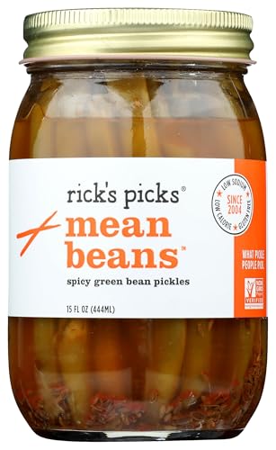 Rick's Picks Mean Beans - Spicy Pickled Green Beans in a Jar | Dilly Beans Snack, Perfect Bloody Mary Garnish, Cocktail & Charcuterie Board | Non-GMO, Gluten-Free, Low Sodium | Artisanal Since 2004 (1 Jar)