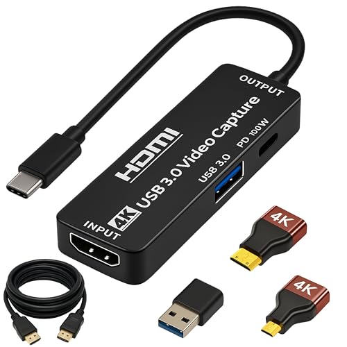 Carte d’acquisition vidéo 4K30Hz In / 1080p60 Out - Capture Card USB 3.0 USB-C & A inclus – PD 100W – Coque aluminium – Micro/Mini HDMI – Plug &...