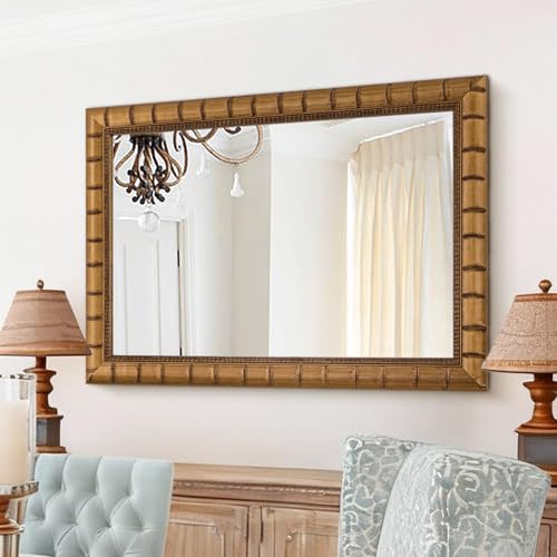 Image of Vintage Warm Gold Mirror, 39'' x 27'' Solid Wood Mirror Frame with Vintage Bamboo Design, Decorative Mirrors for Living Room, Bathroom, Bedroom, Entryway, Fireplace, Horizontal /Vertical