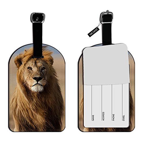 Nicokee Male Lion-African Plains Luggage Tags Suitcase Carry-On ID Leather Travel Bag Labels Checked Baggage Tags