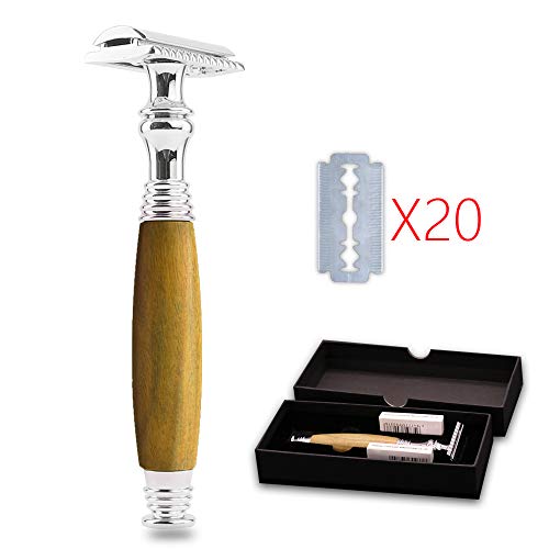 Double Edge Safety Razor with Long Natural Wood Handle - Eco Friendly Razors - Blade Razor Includes 20 Blades
