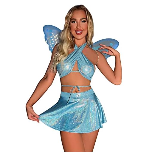 Women's Shiny Rave Festival Outfits Halloween Costume Holographic Halter Bra/Crop Top Flared Mini Skirt Fairy Wings Dress up Party Nightclub Outfits Clothes Set Sky Blue Small