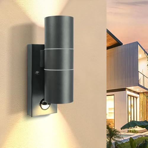EXTRASTAR Smoky Grey Outdoor Wall Lights PIR Motion Sensor, GU10 Base Double Up Down Exterior Wall Sconce, IP44 Stainless Steel Wall Light for Garden, Patio,Porch, Garage（Bulb not Included）