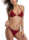 SHEKINI Women's Triangle Bikini Set Halter Sexy Bathing Suits String Low Waisted Two Piece Swimsuit(Large, Wine red)