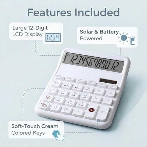 Image of 12 Digit Large Display Desktop Calculator White with Big Buttons, Dual Screen, GT & Memory Functions, Auto Power Off | Office, School & Home Use