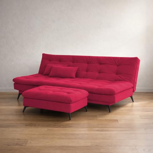 Image of Krancy Solid Wood 3 Seater Sofa Cum Bed with Ottomon | Convertible Wooden Couch for Living Room, Home & Office | Modern Designer Furniture | 1 Year Warranty | Red Color