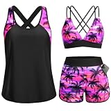 Daci Pink Palm Women 3 Piece Tankini Swimsuits - Tummy Control Tank Top with Bra Modest Bathing Suit with Pockets Boyshorts Bottom 2026 XL