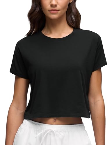 CRZ YOGA Pima Cotton Relaxed Crop T-Shirts for Women - Workout Athletic Gym Casual Short Sleeve Shirts Loose Crewneck Tops Black Small