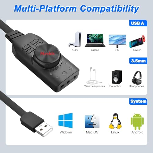 Image of Virtual 7.1 Channel External USB Sound Card Audio Adapter for Gaming Console, Laptop, PC I LED Indicators I Both Single Jack and Dual Jack Headset Connection I Volume Adjust I Play and Plug