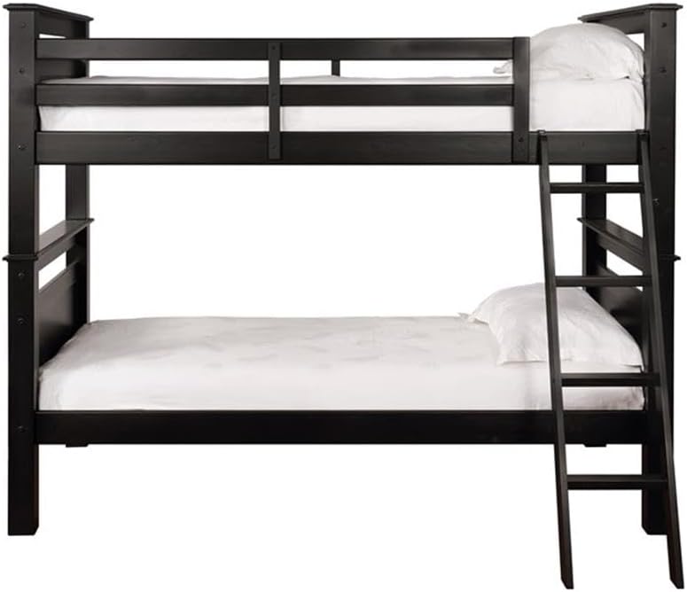 Pemberly Row Twin Over Twin Wood Bunk Bed, Black Finish, Heavy Duty Pine Slats, Built-in Ladder, Detachable to 2 Twin Beds, Crown Moulding, 81.65" x 59.49" x 67.24", Youth or Guest Bedroom