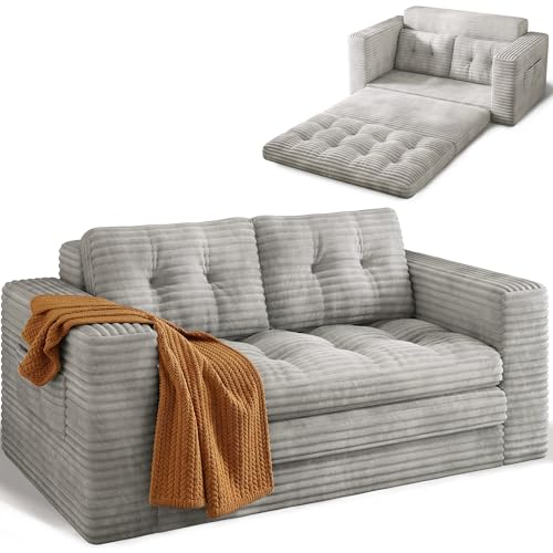 Xbro Sofa Cama 2 Plazas, Sillón Cama Convertible 3 en 1, Sofa Comprimido para Sala de Estar, Tela de Pana, 150 x 86 x 75cm, Gris Claro