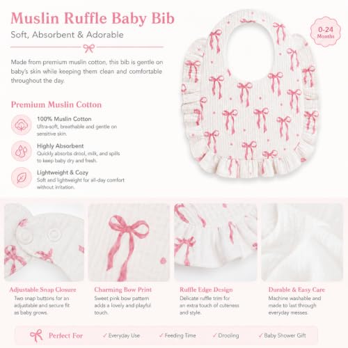 Image of Mindsoft 3-pack Muslin Baby Bibs for Girls, 100% Soft Cotton, Pink Bow