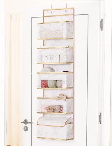 MYTHAUS Over Door Hanging Organizer - Door Mount Closet Organizer 5-Shelf, Back of Door Bathroom Organizer with Clear Window, Storage Bag for Baby Nursery/Pantry/Bedroom/Make up (White Marble)